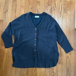 Marketplace Navy Button-Up Cardigan 100% Cotton Lagenlook waffle knit patchwork